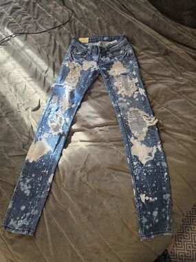 MACHIN Distressed Blue Paint-Splash Skinny Jeans for Women, Size 26